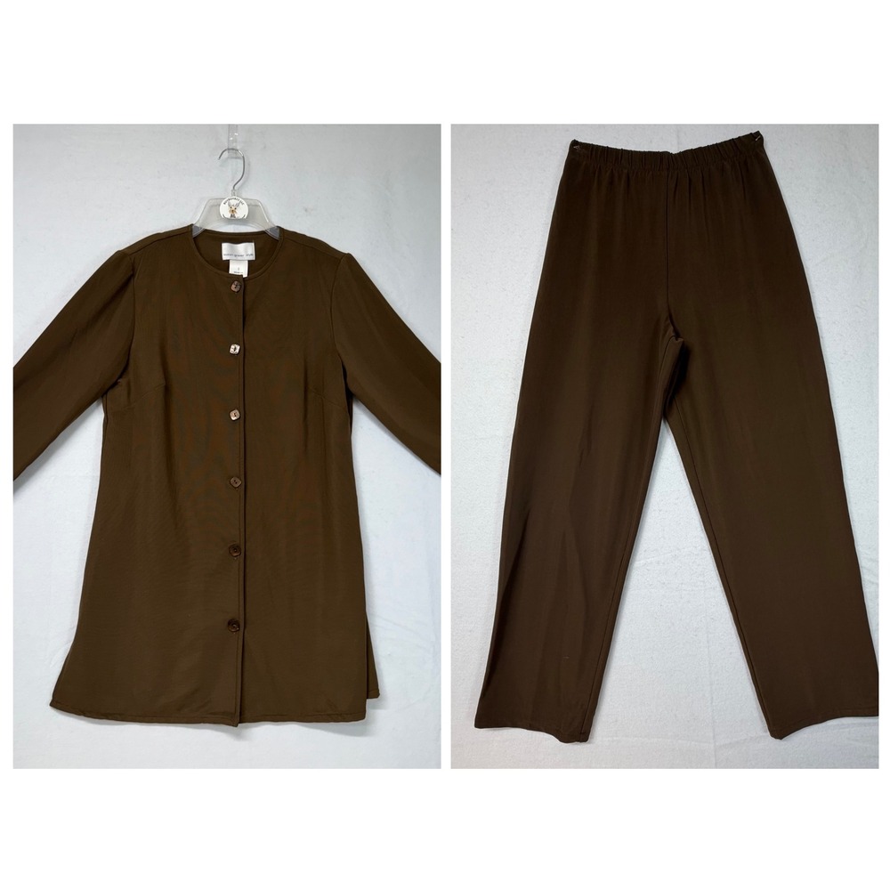 Susan Graver Style Brown Nylon Spandex Button Front Top Pants Set Women's Size S